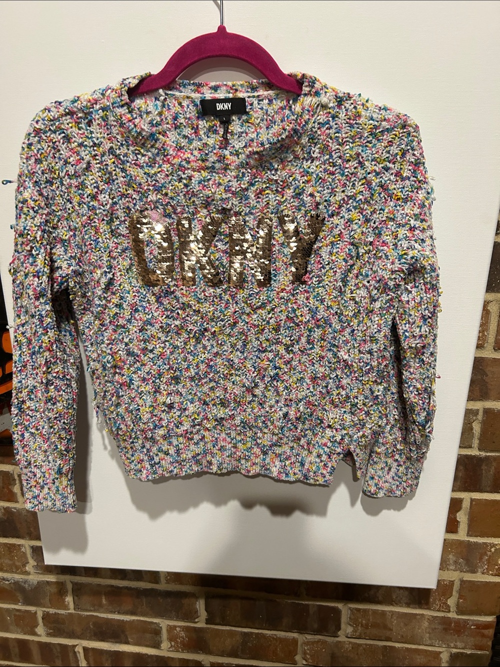 DKNY Multicolor Confetti Knit Sweater with Gold Sequin Logo